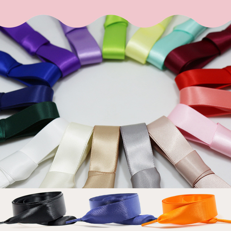 Hot sale double side polyester color flat shoelace satin laces silk fashion ribbon shoelaces