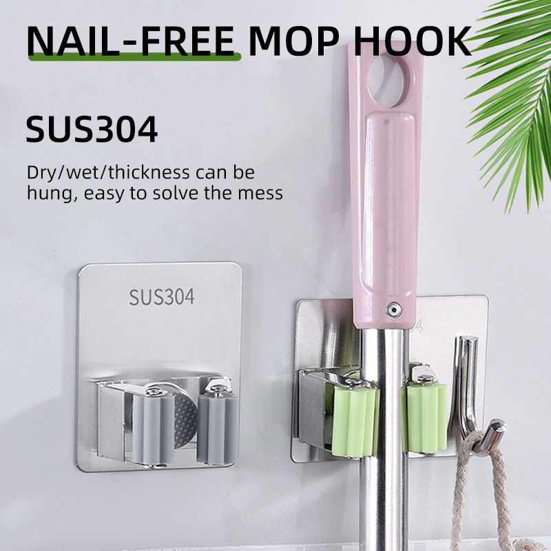 304 Stainless steel Wall Mounted Mop Household Adhesive Storage Wall Mounted Mop Broom Holder For Kitchen Bathroom Metal Hook