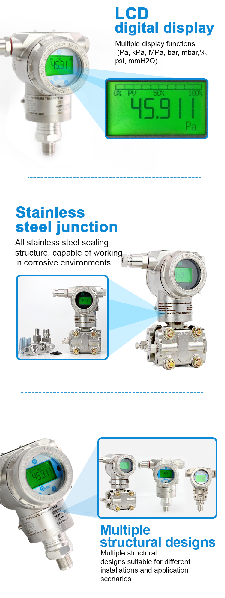 SENTEC differential pressure level transducer 4-20ma liquid level DP pressure transmitter with hart