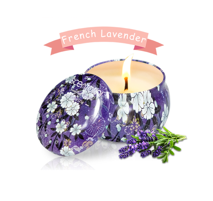 Custom Exquisite Flower Pattern Tin Soy Wax French Lavender Scented Candle for Gift Set