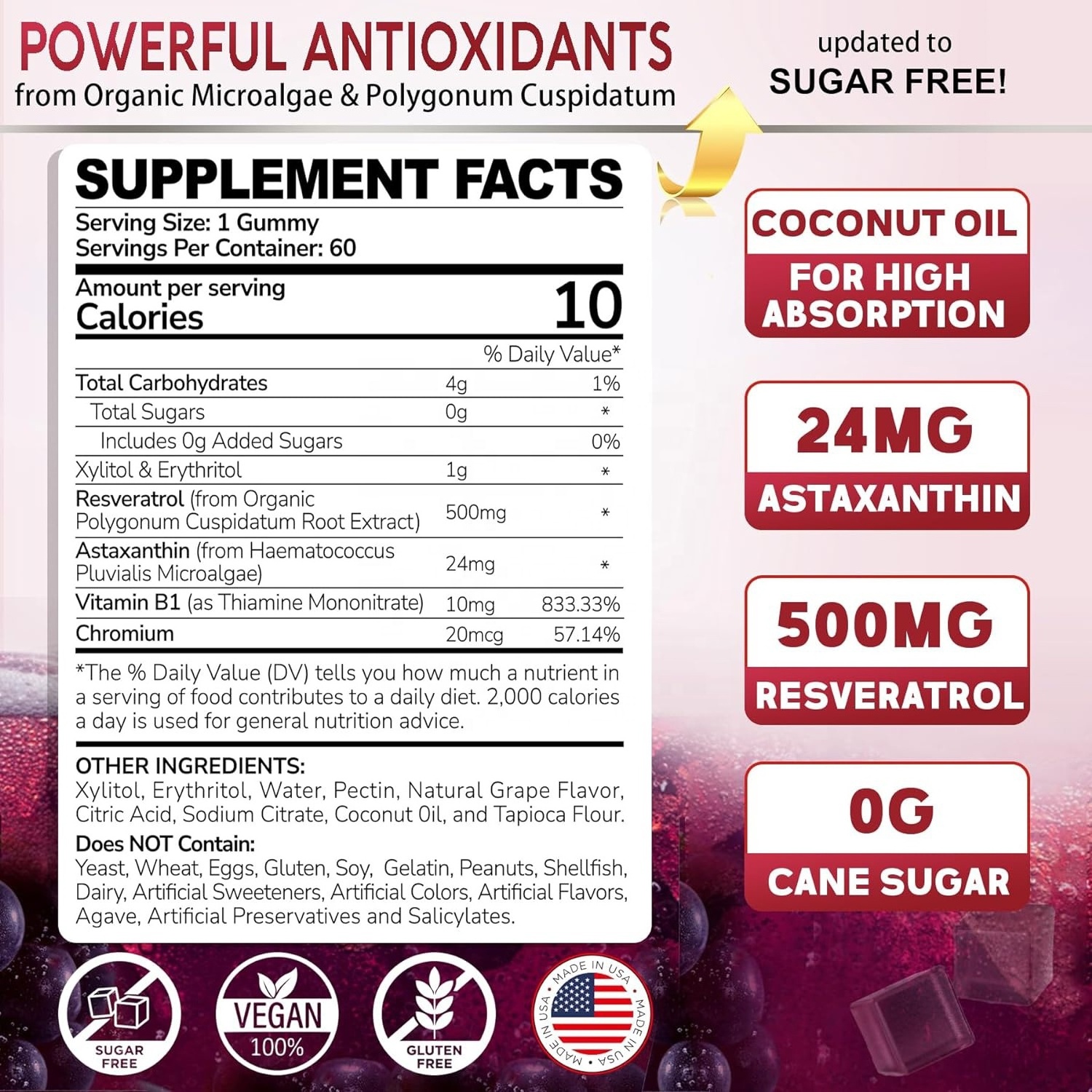 OEM Astaxanthin Gummies Skin whitening Anti-Aging Gummy for Women Herbal Extract Supplement Astaxanthin Resveratrol Gummies