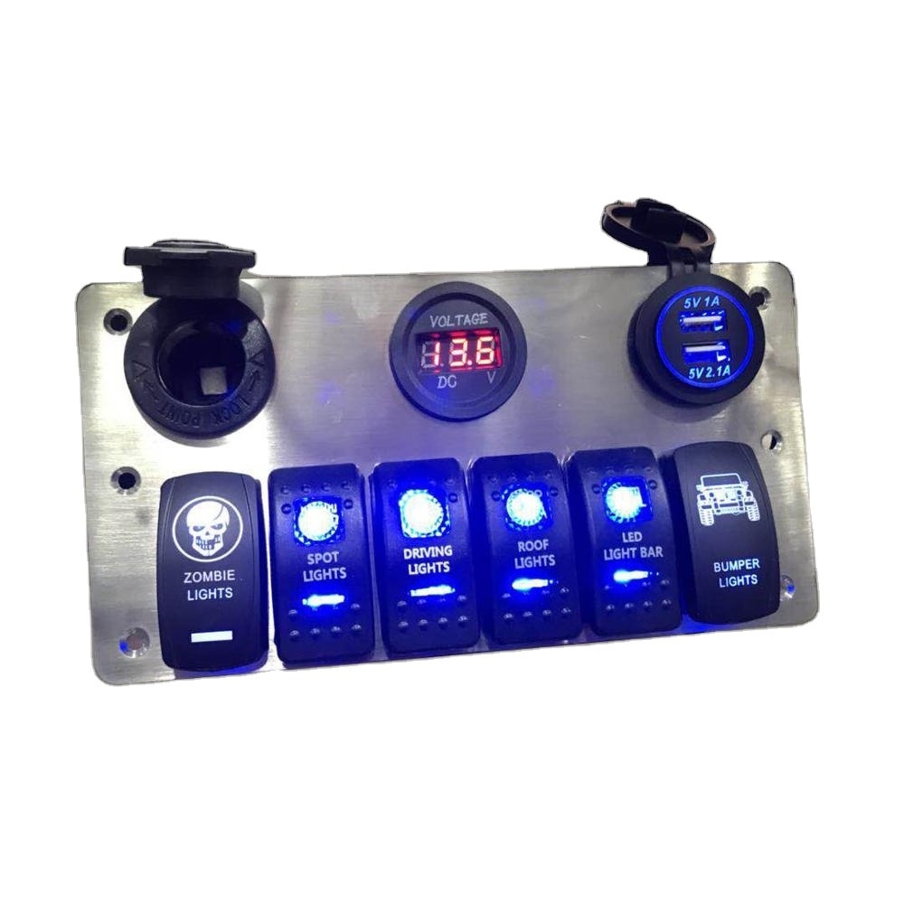 Multifunction Switch Panel Kit with 6pcs on-off Blue LED rocker switch,  Digital Voltmeter ,4.2A Dual USB Charger