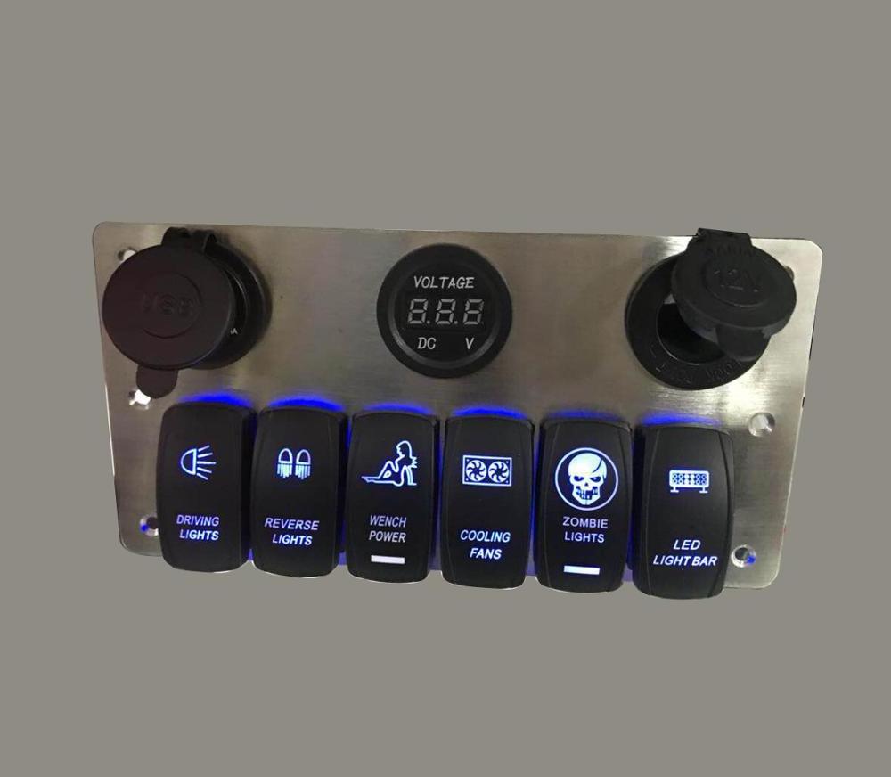 Multifunction Switch Panel Kit with 6pcs on-off Blue LED rocker switch,  Digital Voltmeter ,4.2A Dual USB Charger