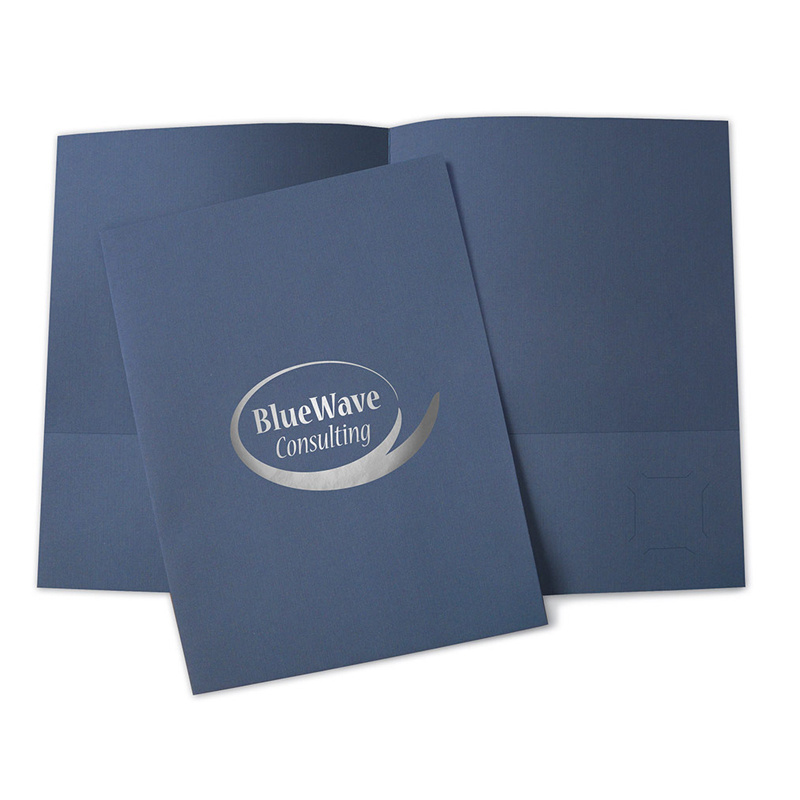 silver foil stamped logo a4 a5 paper document blue card stock company school file presentation folder with two pockets