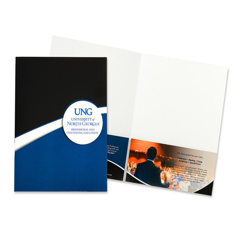 silver foil stamped logo a4 a5 paper document blue card stock company school file presentation folder with two pockets