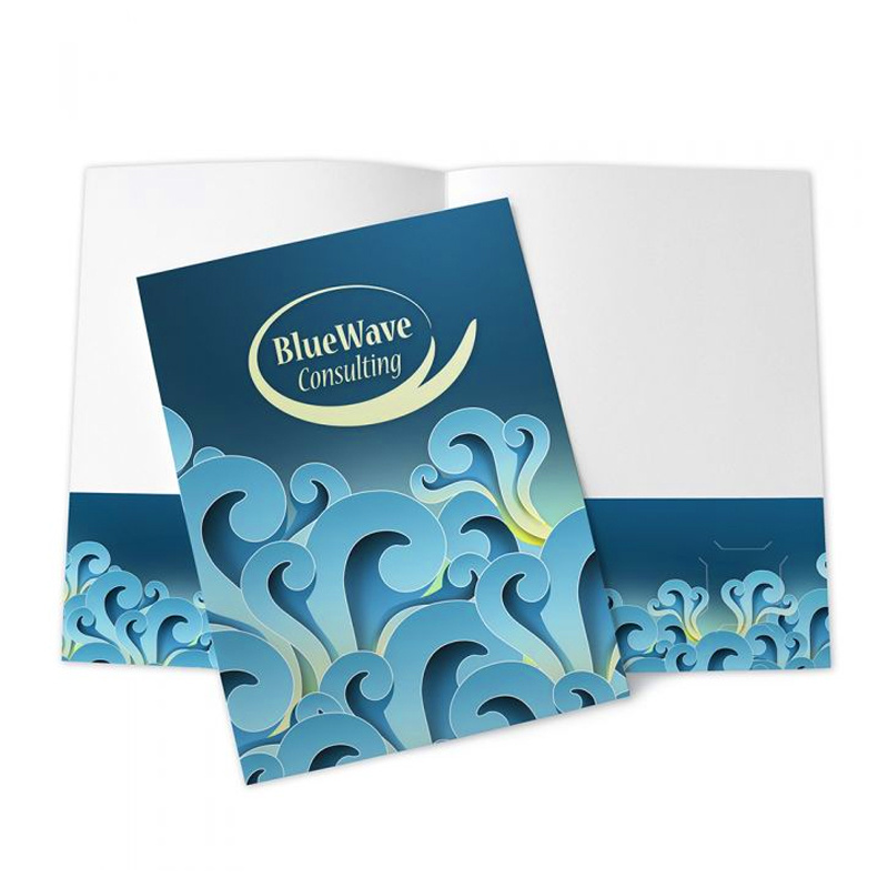 silver foil stamped logo a4 a5 paper document blue card stock company school file presentation folder with two pockets