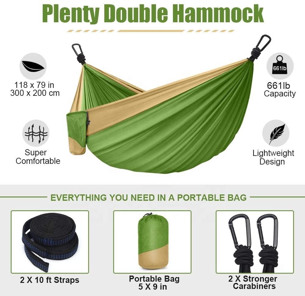 Factory Direct 2022 New Product Backpacking Camping Hammock Outdoors Double Heavy Duty 210T Nylon Parachute Hammock Swings