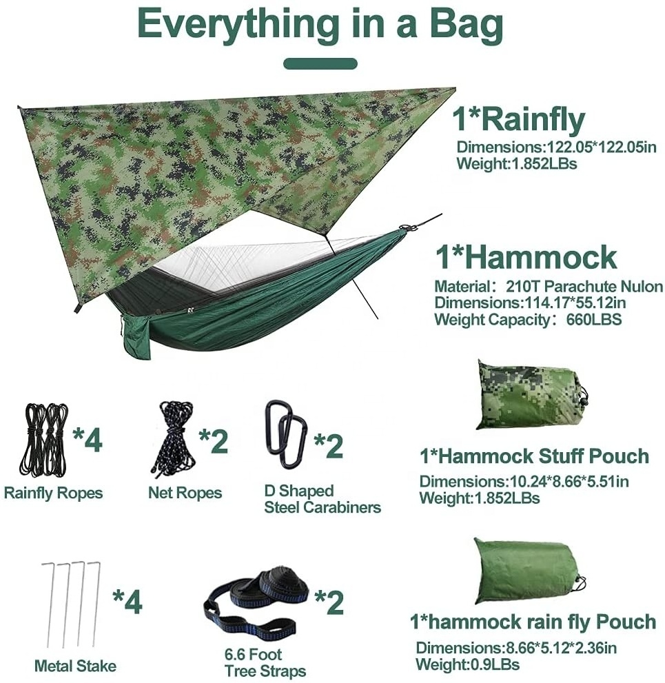 210T Nylon 2 Person Portable Outdoor Parachute Camping Nylon Tent Hammock Rain Fly Tent Tarp With Mosquito Net