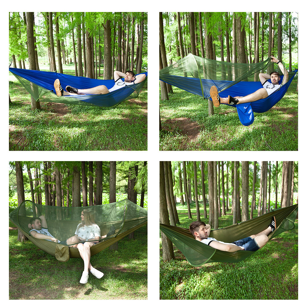 The new outdoor equipment includes trees sleeping parachutes and swing chairs Hammock hiking backpack