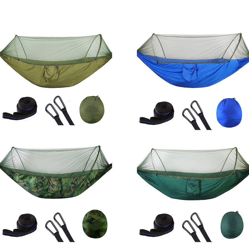 The new outdoor equipment includes trees sleeping parachutes and swing chairs Hammock hiking backpack