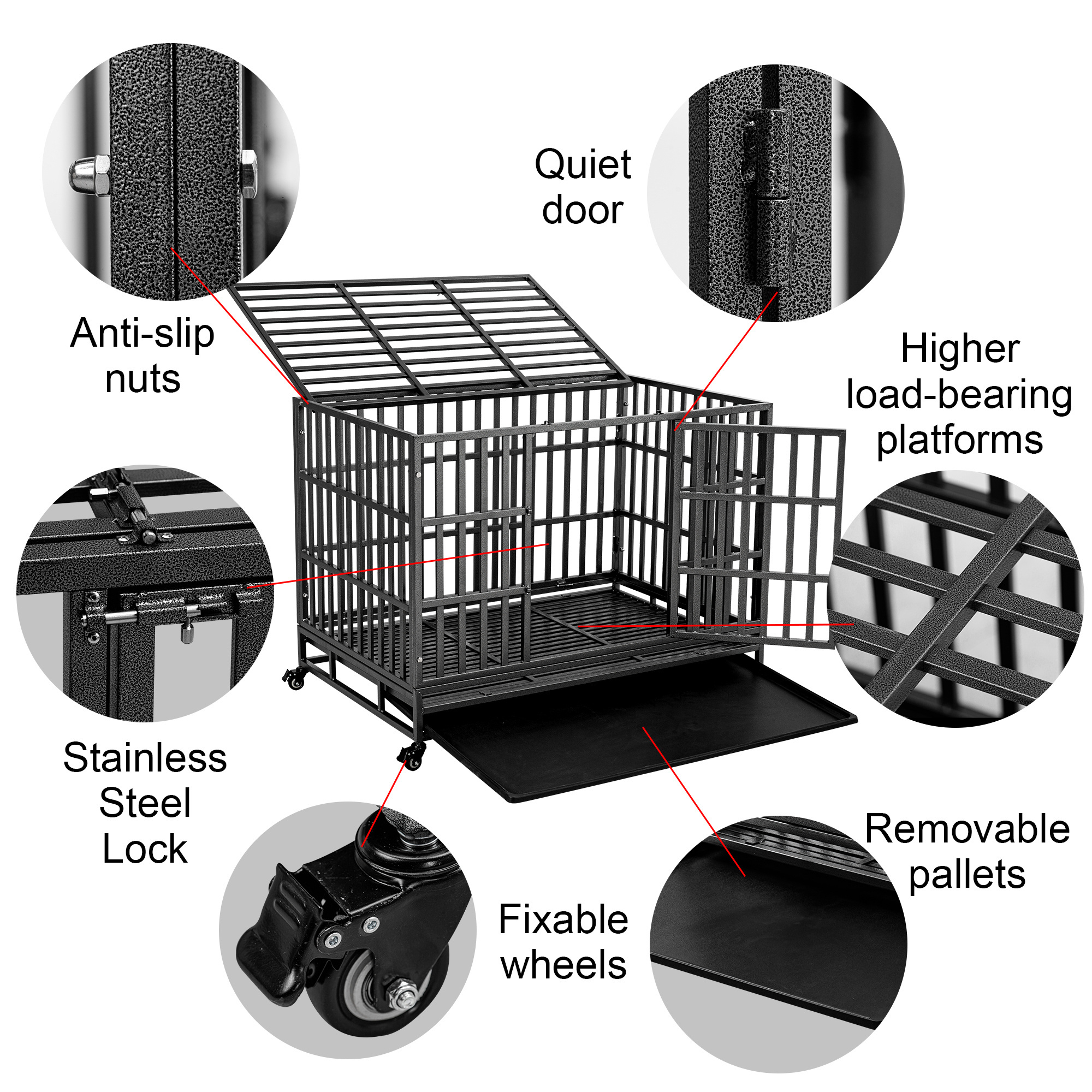 48inch Pet Strong Metal Kennel Cage on Wheels by Tear Resistant Square Tube - Puppy Training Playpen Heavy Duty Dog Crate