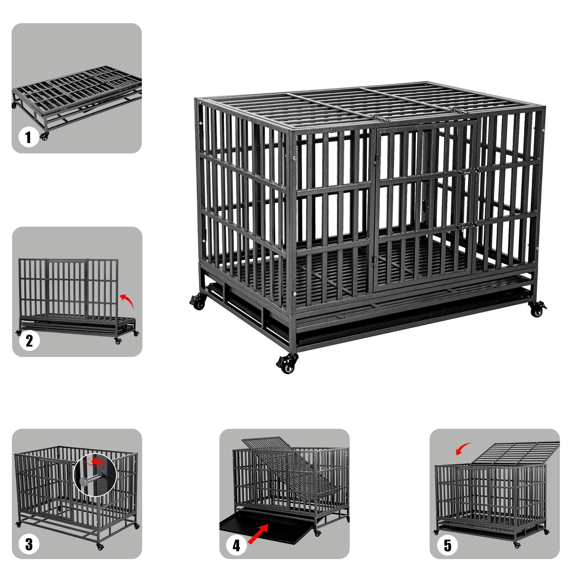 48inch Pet Strong Metal Kennel Cage on Wheels by Tear Resistant Square Tube - Puppy Training Playpen Heavy Duty Dog Crate