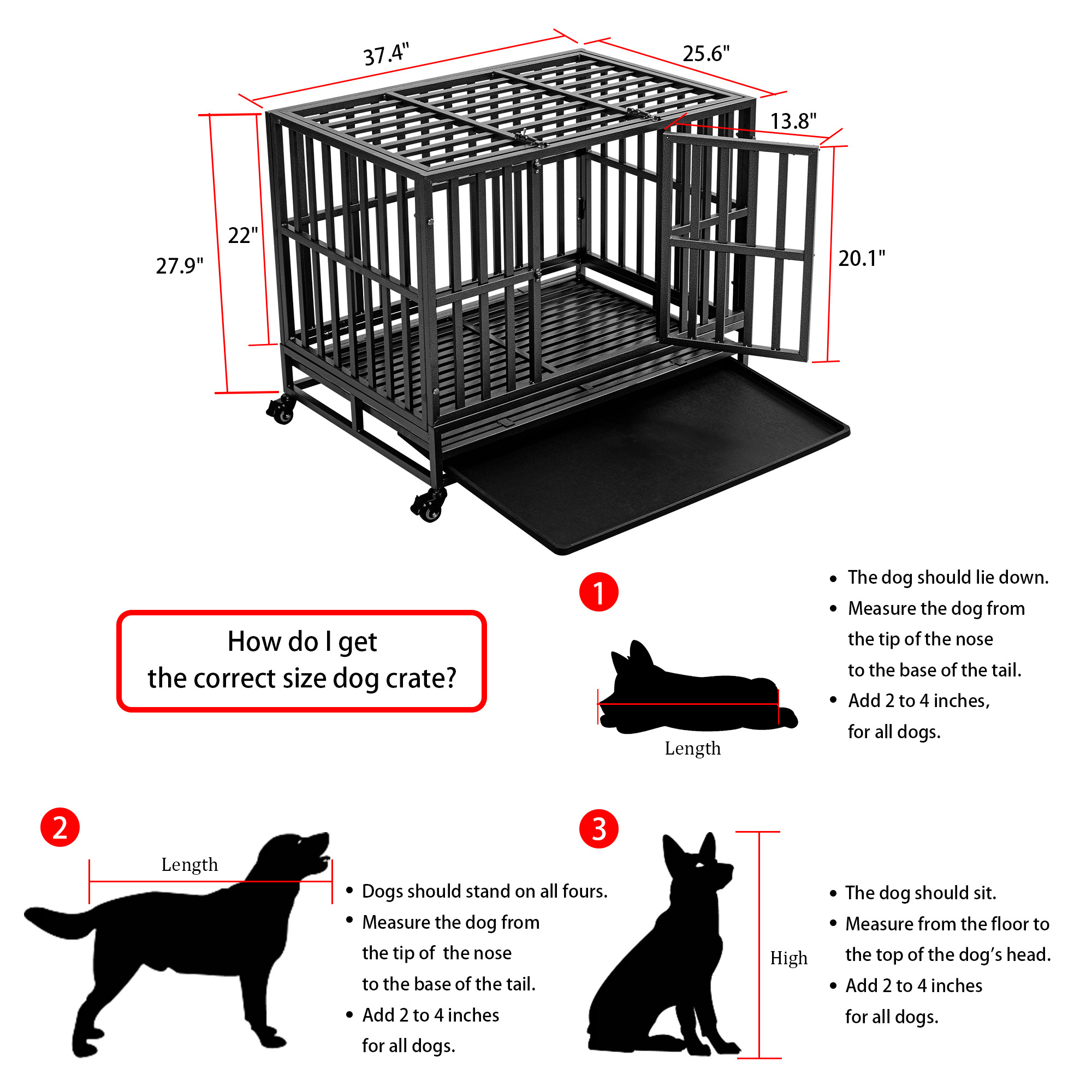 Double Door, and Removable Tray Kennel for Large Dogs 38 inch Heavy Duty Indestructible Dog Crate with Lockable Wheels