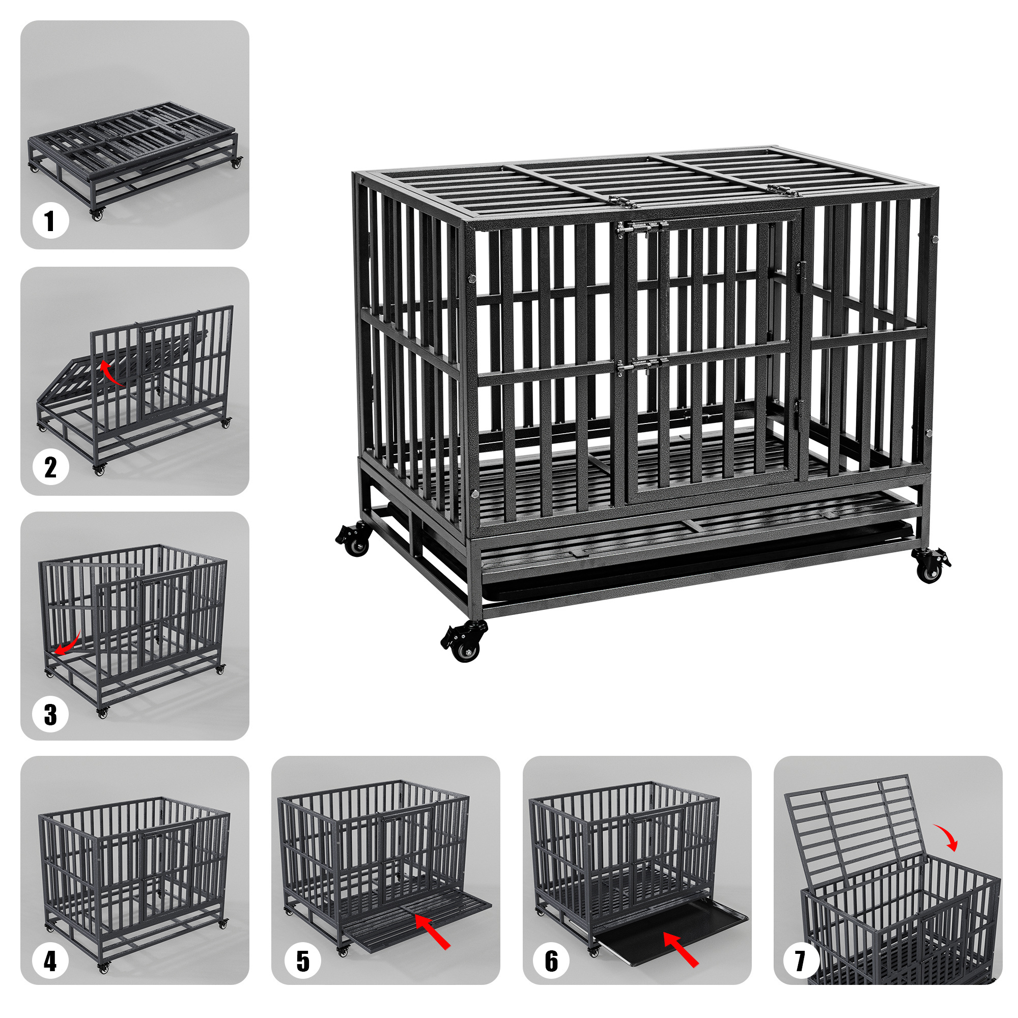 Double Door, and Removable Tray Kennel for Large Dogs 38 inch Heavy Duty Indestructible Dog Crate with Lockable Wheels