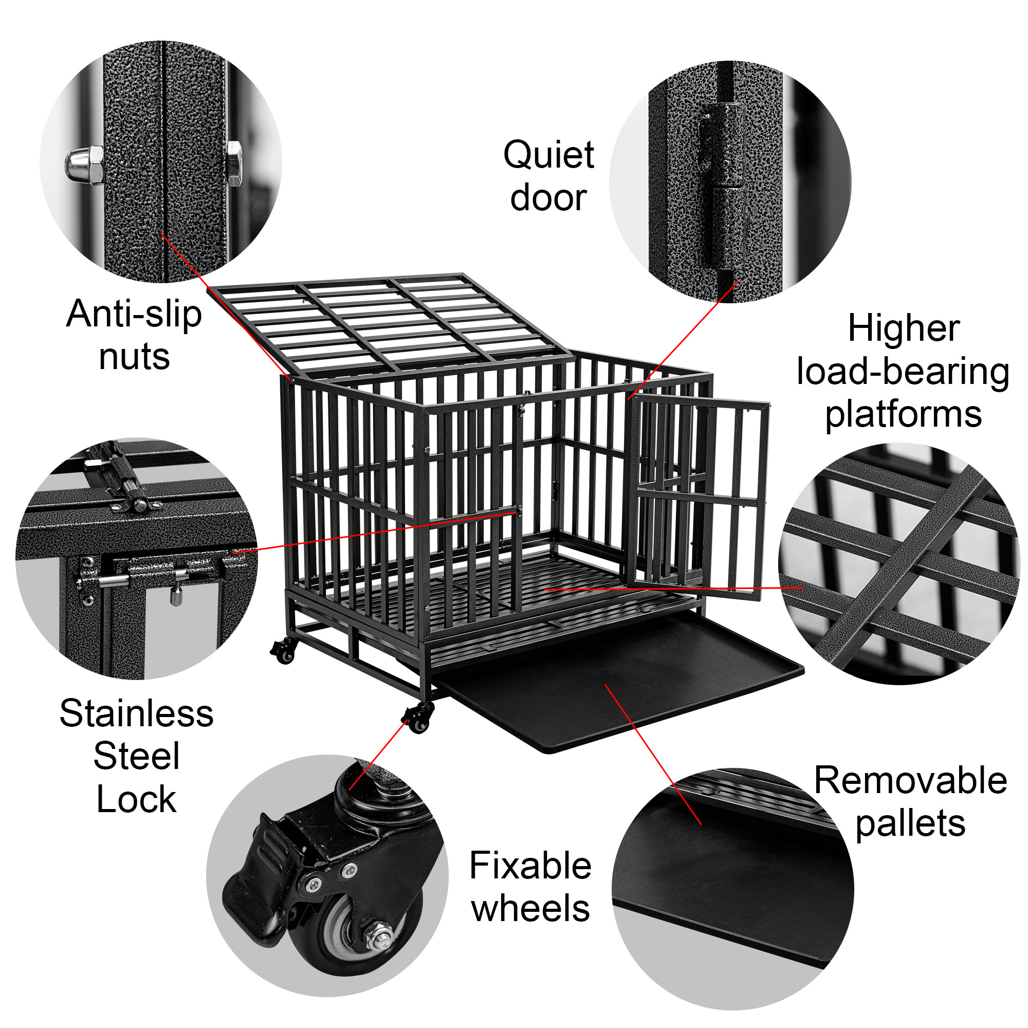 Double Door, and Removable Tray Kennel for Large Dogs 38 inch Heavy Duty Indestructible Dog Crate with Lockable Wheels