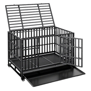 Upgrade 48 Inch Indoor Double Door Cage Kennel with Wheels, Removable Tray Heavy Duty Indestructible XL Dog Steel Crate