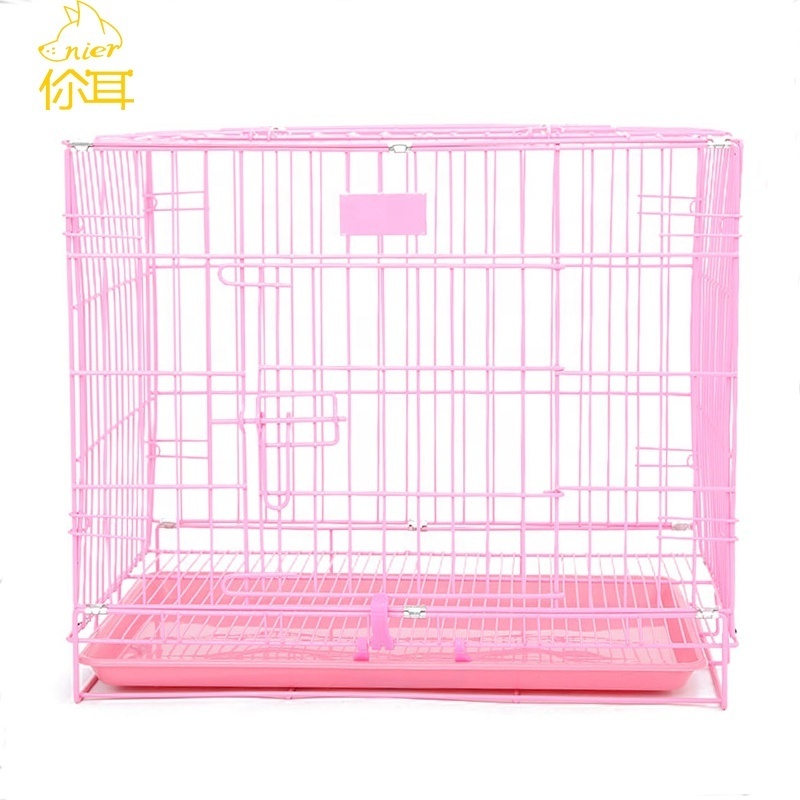 Folding Metal Pet Cage Double Door Panel Tray Wire Cage Dog Kennel Leak-proof Plastic Animal Indoor Outdoor Collapsible Letter