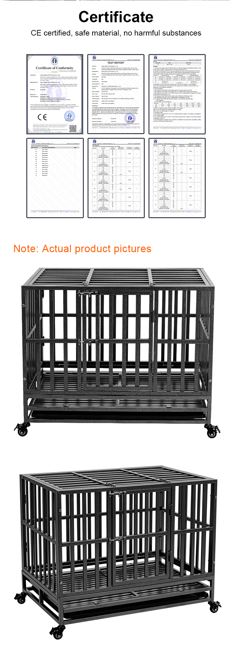 Upgrade 48 Inch Indoor Double Door Cage Kennel with Wheels, Removable Tray Heavy Duty Indestructible XL Dog Steel Crate