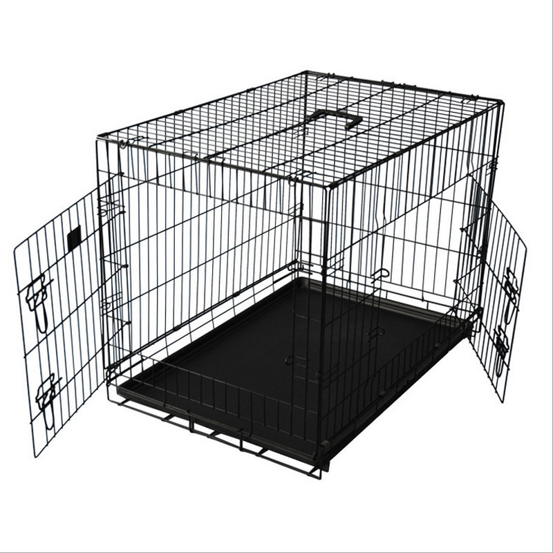 Folding Metal Pet Cage Double Door Panel Tray Wire Cage Dog Kennel Leak-proof Plastic Animal Indoor Outdoor Collapsible Letter