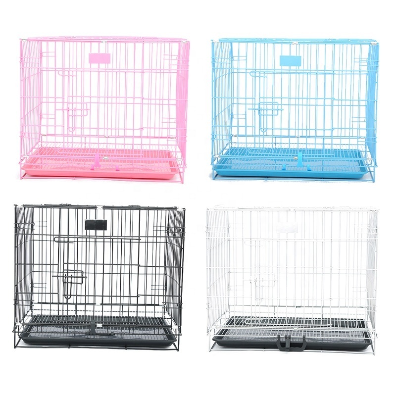 Folding Metal Pet Cage Double Door Panel Tray Wire Cage Dog Kennel Leak-proof Plastic Animal Indoor Outdoor Collapsible Letter