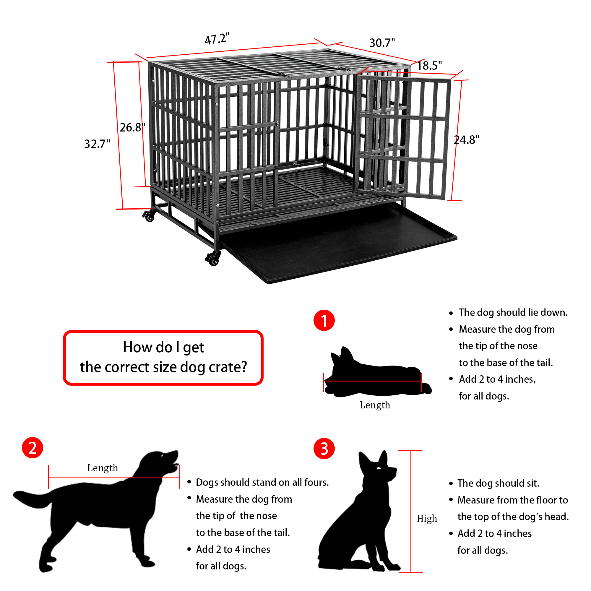 48 Inch  XL Metal Kenneland cage for Large Dog,Escape Proof Dog cratewith Wheels, Removable Heavy Duty Indestructible Dog Crate