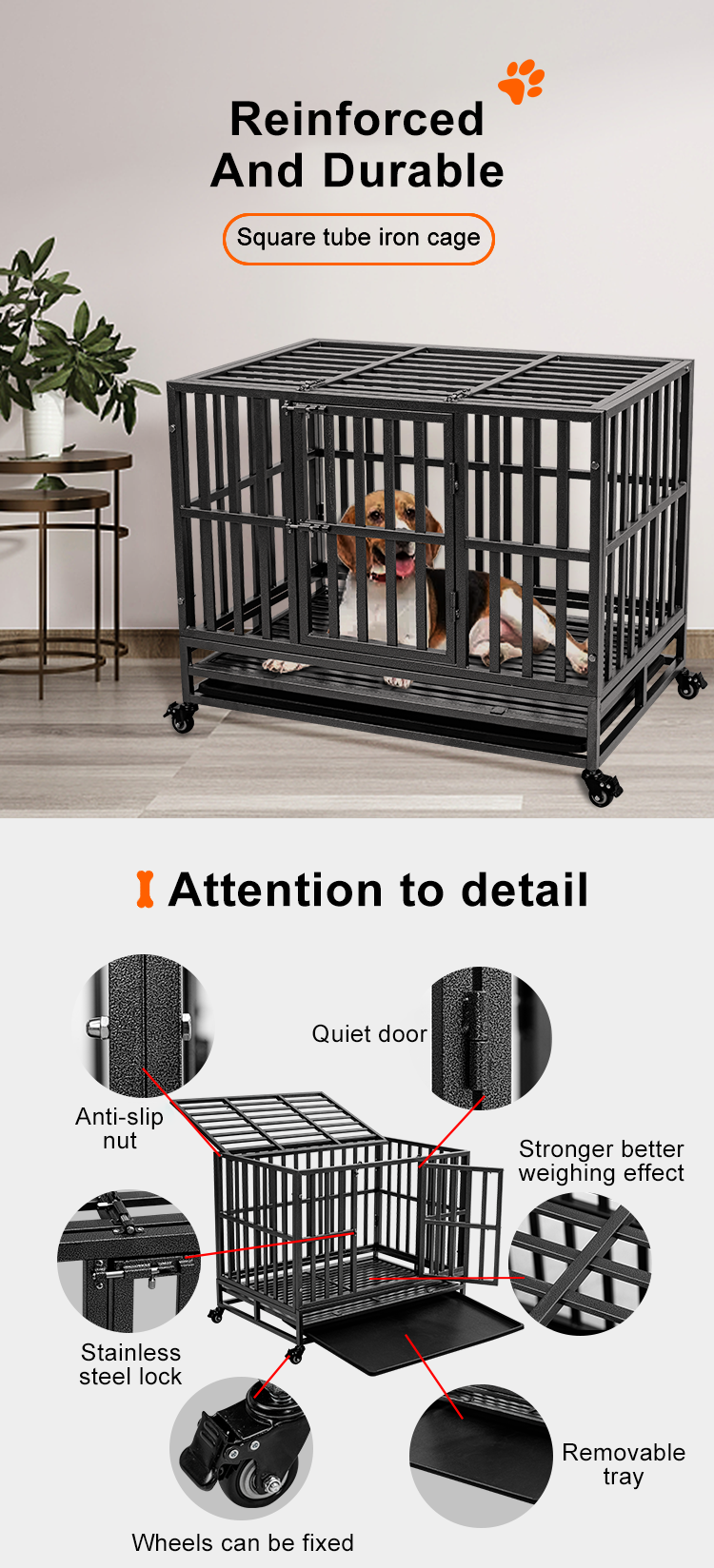 Upgrade 48 Inch Indoor Double Door Cage Kennel with Wheels, Removable Tray Heavy Duty Indestructible XL Dog Steel Crate