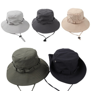 2024 New UV Protection Solid Color Wide Brim Polyester Mountaineering Sporty Fisherman Bucket Hat With String