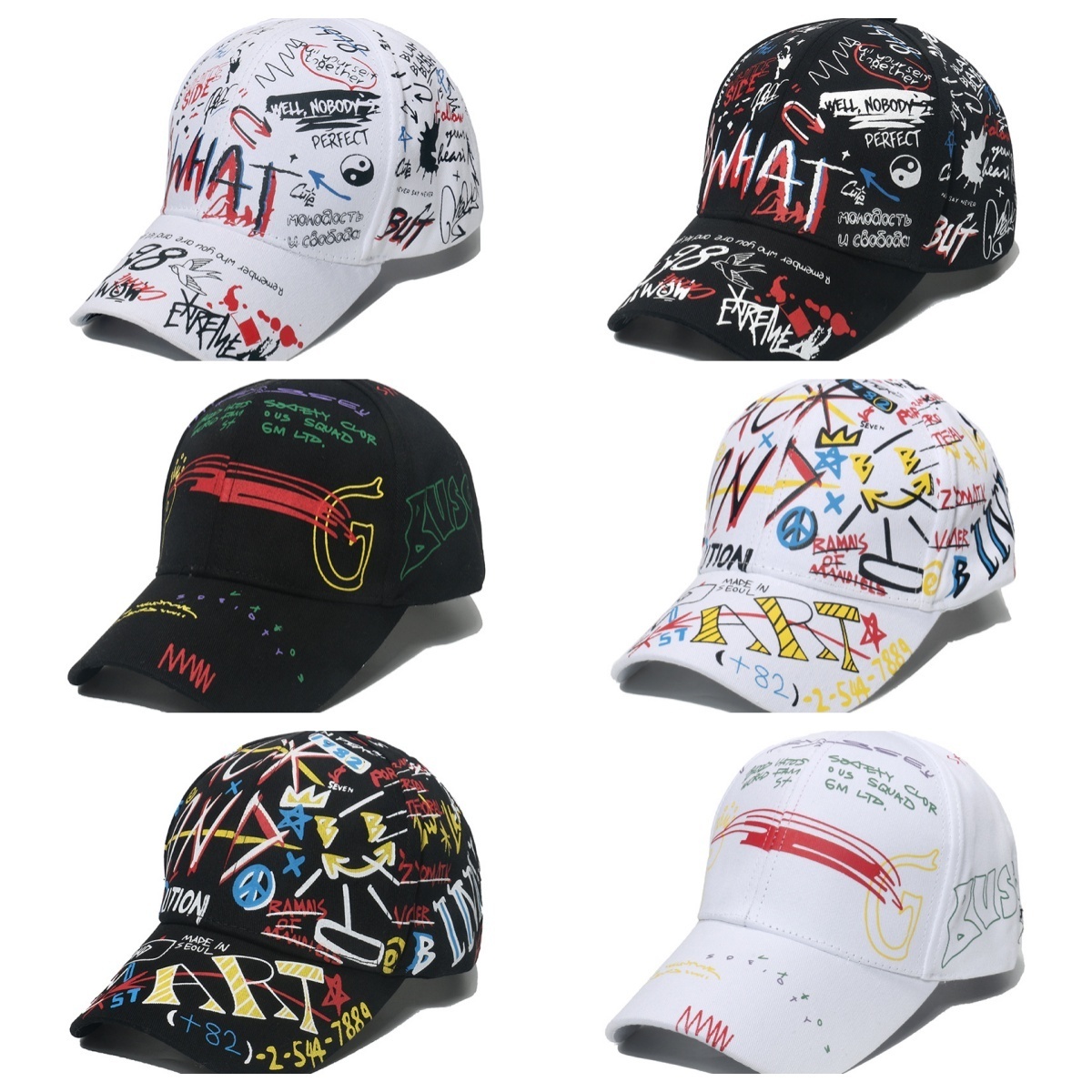 Hip Hop Fashion Cool Graffiti Custom Pattern Cotton Full Screen Print Logo Colorful 6 Panel Baseball Caps