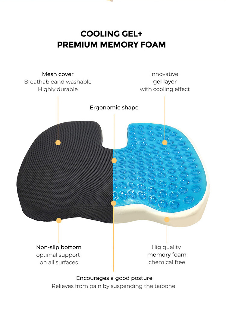 Senyang custom office wheelchair pressure relief chair seat pad coccyx gel silicon bus car orthopedic memory foam seat cushion