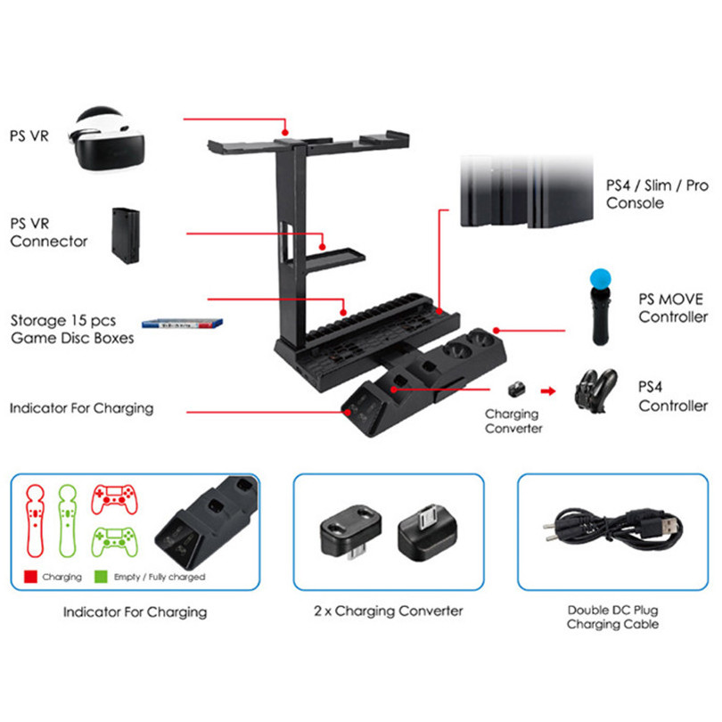 SYY High Quality Multi-function Console Vertical Bracket Controller Charging Stand 2 Charge Converter  for PS4 Slim Pro PS VR