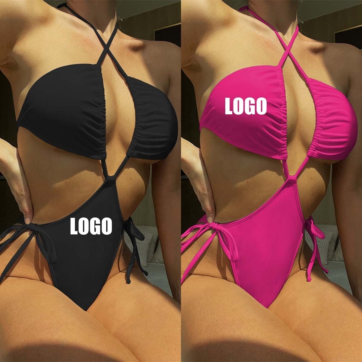 Solid Color Halter String Micro Bikini Sexy Backless Cross Black Swimwear For Women Custom Logo Beach One Piece Swimsuit