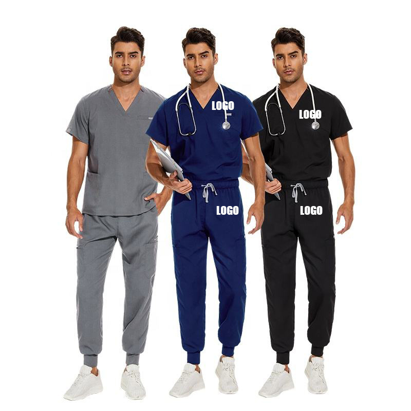 2024 New Oem Private Label Spandex Custom Man Medical Nursing Scrub Uniform Set Trs Stretchy Jogger Pant Navy Hospital Uniform