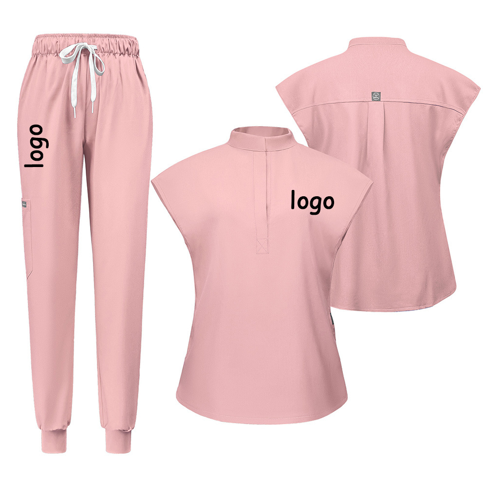 Female Nurse White Uniform Elastic Sleeveless Stand Collar Blank Pattern Custom Logo Print Jogger Suit Fashion Scrub Sets Women