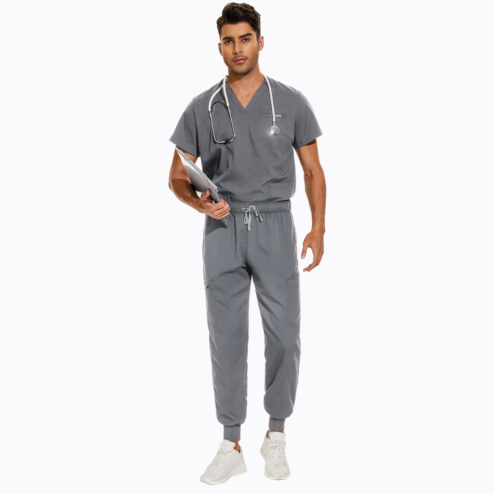 2024 New Oem Private Label Spandex Custom Man Medical Nursing Scrub Uniform Set Trs Stretchy Jogger Pant Navy Hospital Uniform