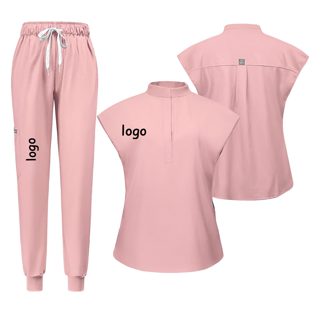 Female Nurse Pink Uniform Elastic Sleeveless Stand Collar Blank Pattern Custom Label Print Jogger Suit Fashion Scrub Sets Women