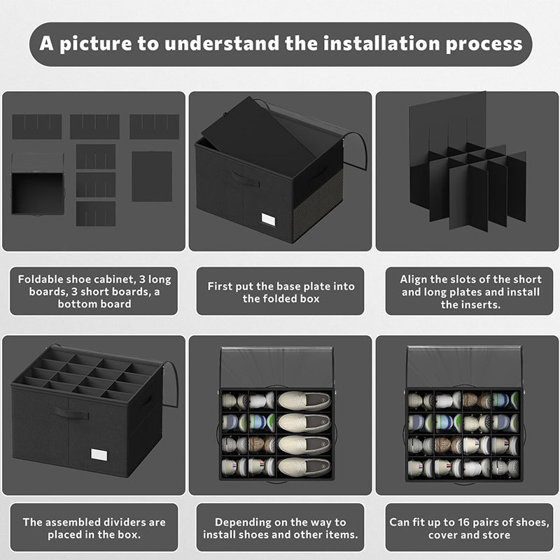 Shoe Organizer for Closet with Fabric  Shoe Storage Bins Clear Cover, Adjustable Dividers, and Foldable Bottom