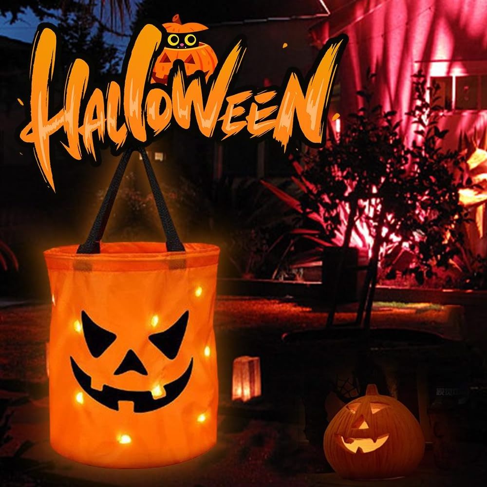 Light Up Foldable Halloween Candy Bucket Pumpkin Trick or Treat Bag LED Light Halloween Candy Bags