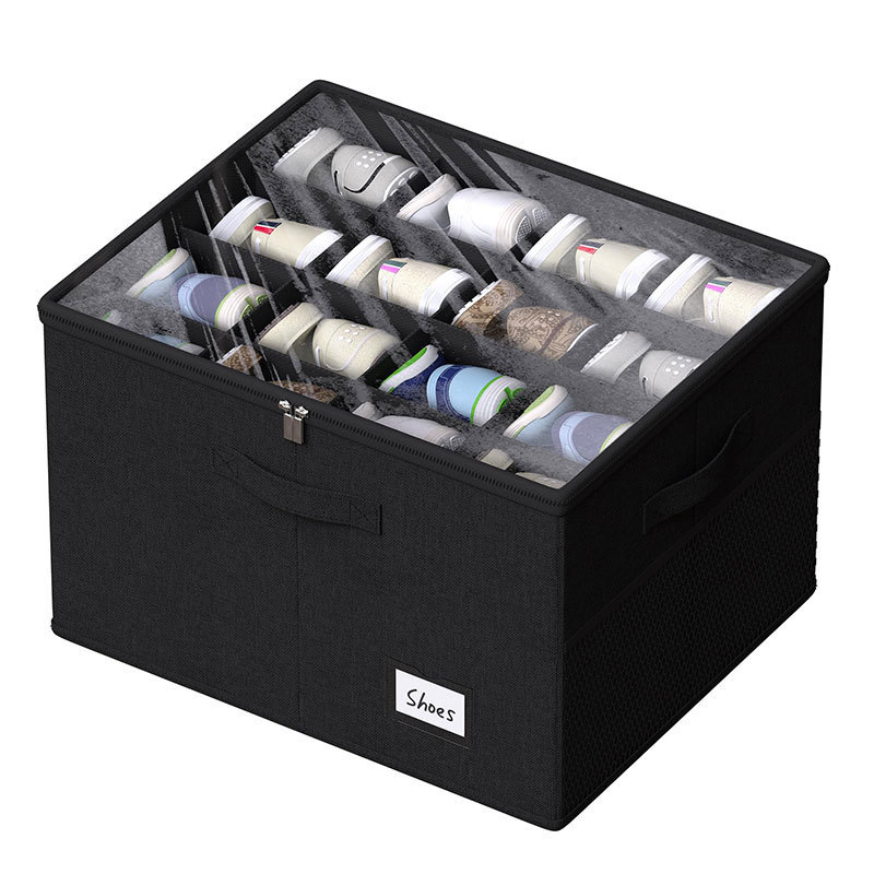 Shoe Organizer for Closet with Fabric  Shoe Storage Bins Clear Cover, Adjustable Dividers, and Foldable Bottom