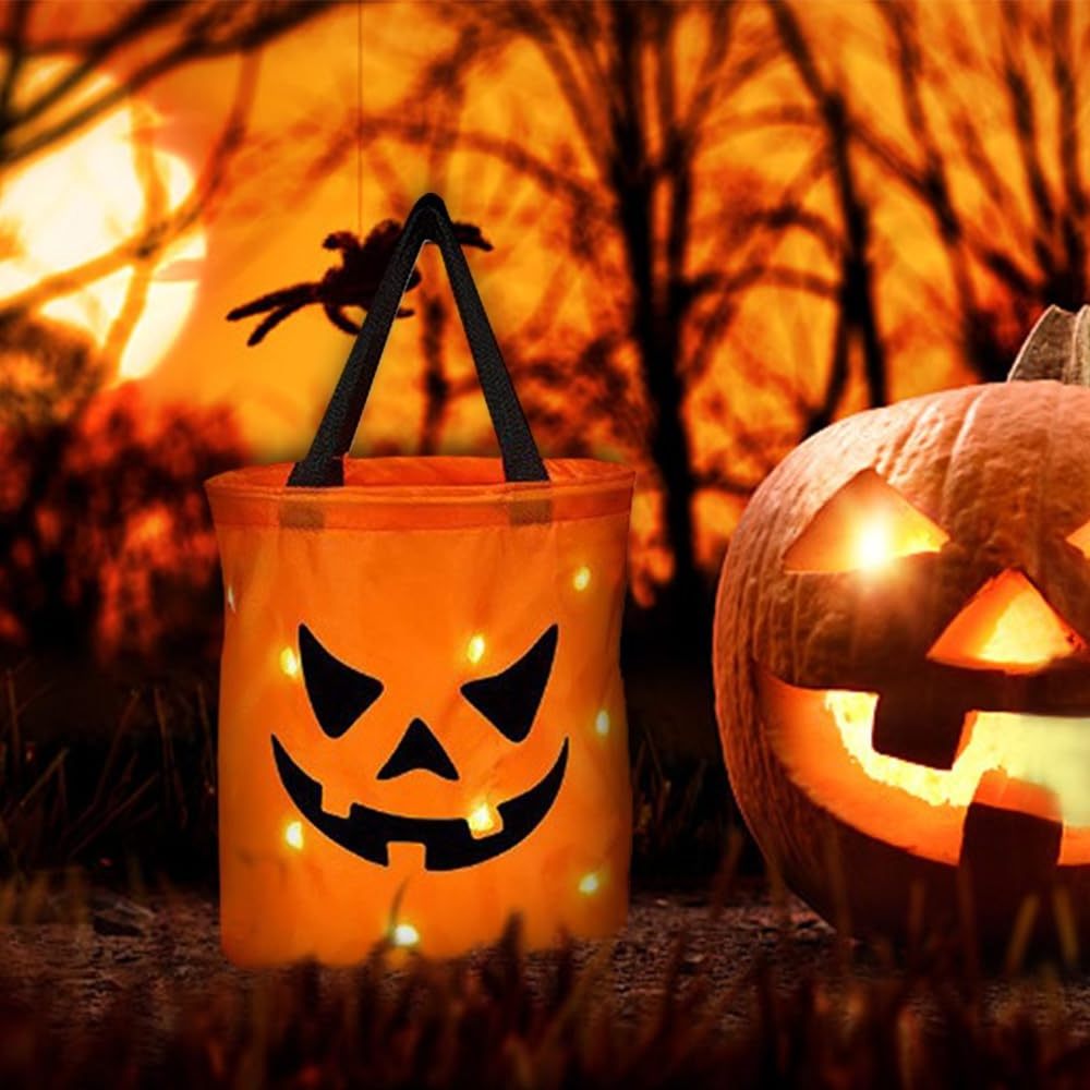 Light Up Foldable Halloween Candy Bucket Pumpkin Trick or Treat Bag LED Light Halloween Candy Bags