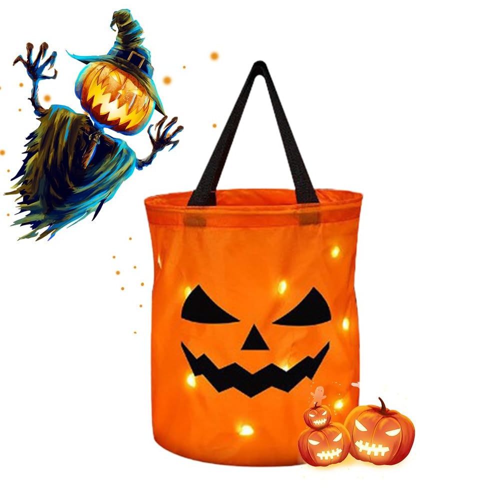 Light Up Foldable Halloween Candy Bucket Pumpkin Trick or Treat Bag LED Light Halloween Candy Bags