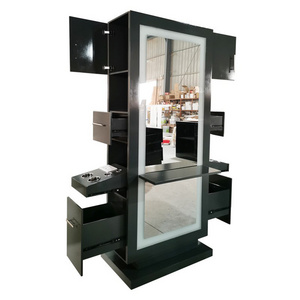 Modern black wooden double sided barber mirror vintage salon equipment mirror station with led lighting