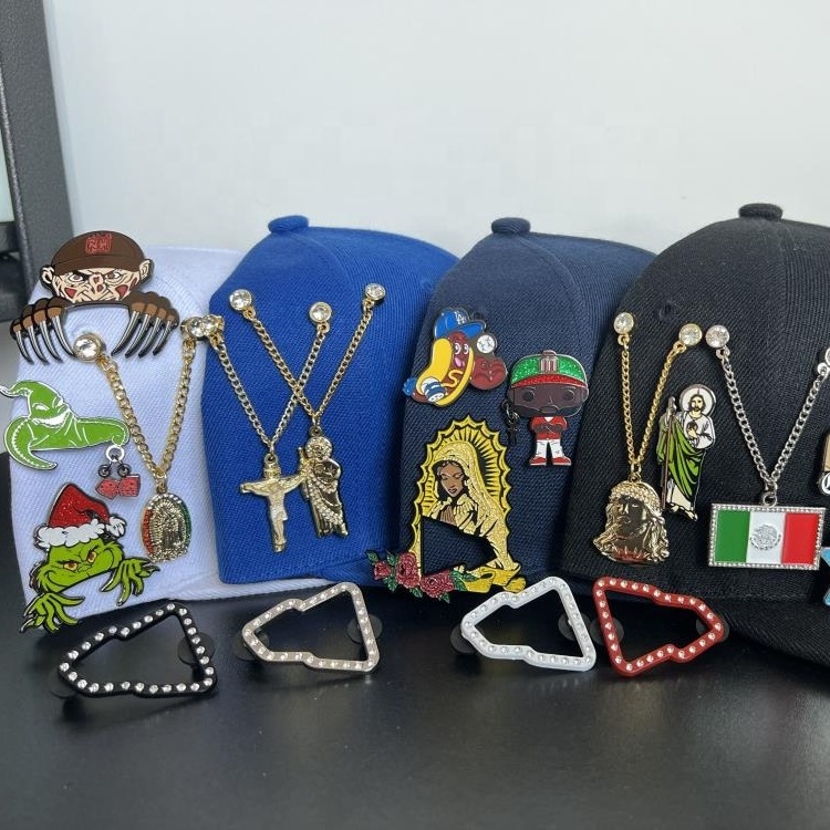 Customized Mexican Logo Metal Lapel Soft Enamel Pins For Fitted Hats Brim Clips Border Frame Pin Custom Hat Pins With Chains