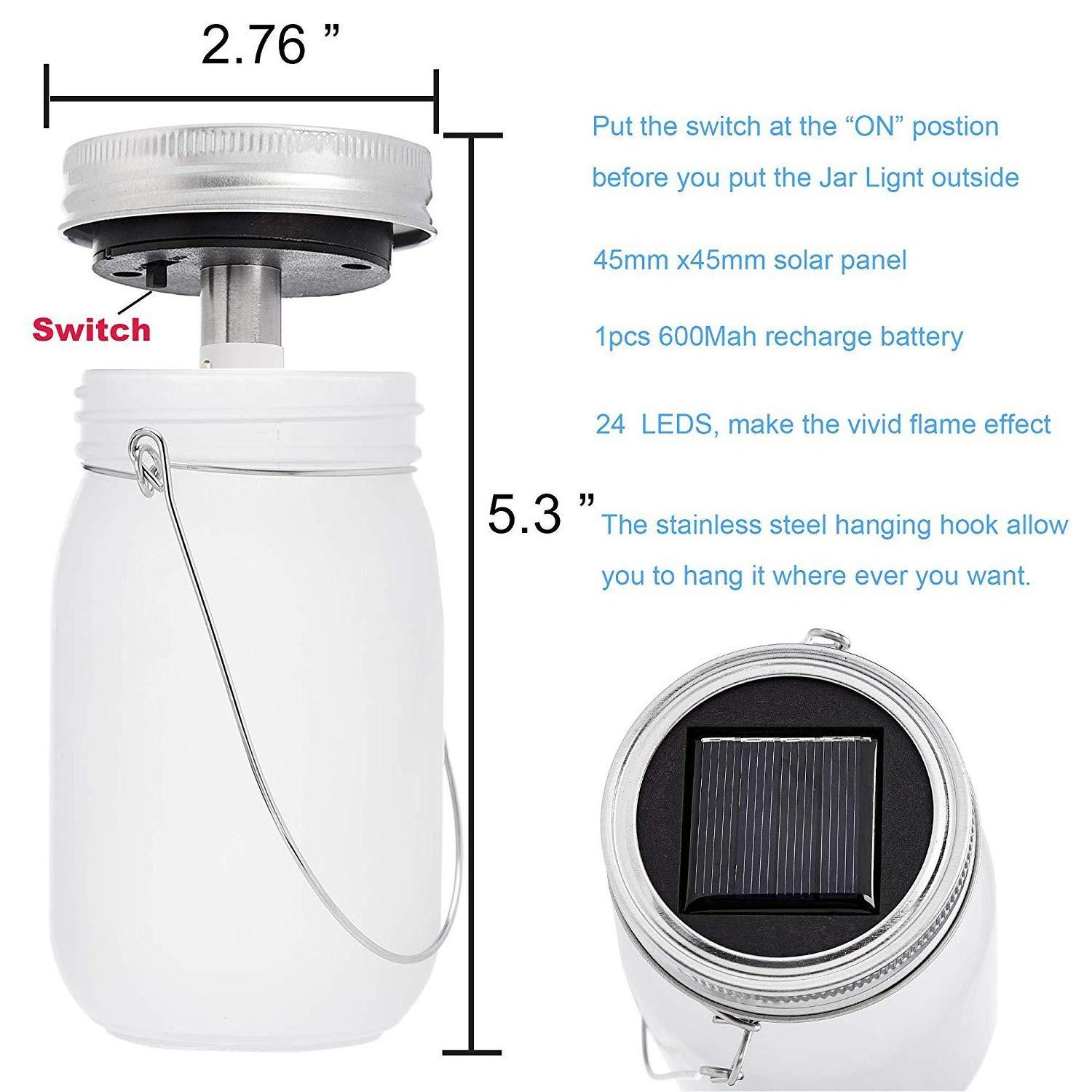 Outdoor Solar Mason Jar Flame Light 36LED hanging solar powered flickering flames glass lantern for outdoor camping