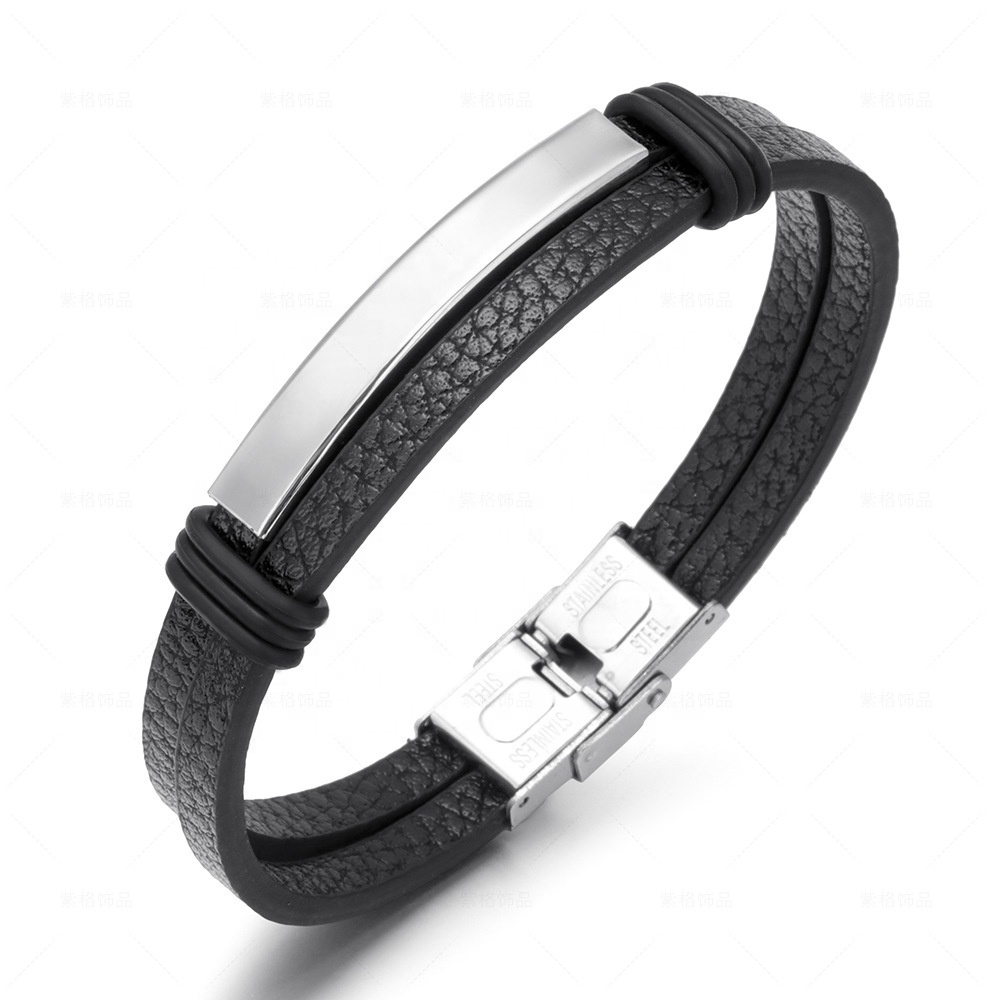 SEPT Personalized Custom Logo Gold Plated Bracelet For Men Cheap Stainless Steel Leather Bracelets Jewelry