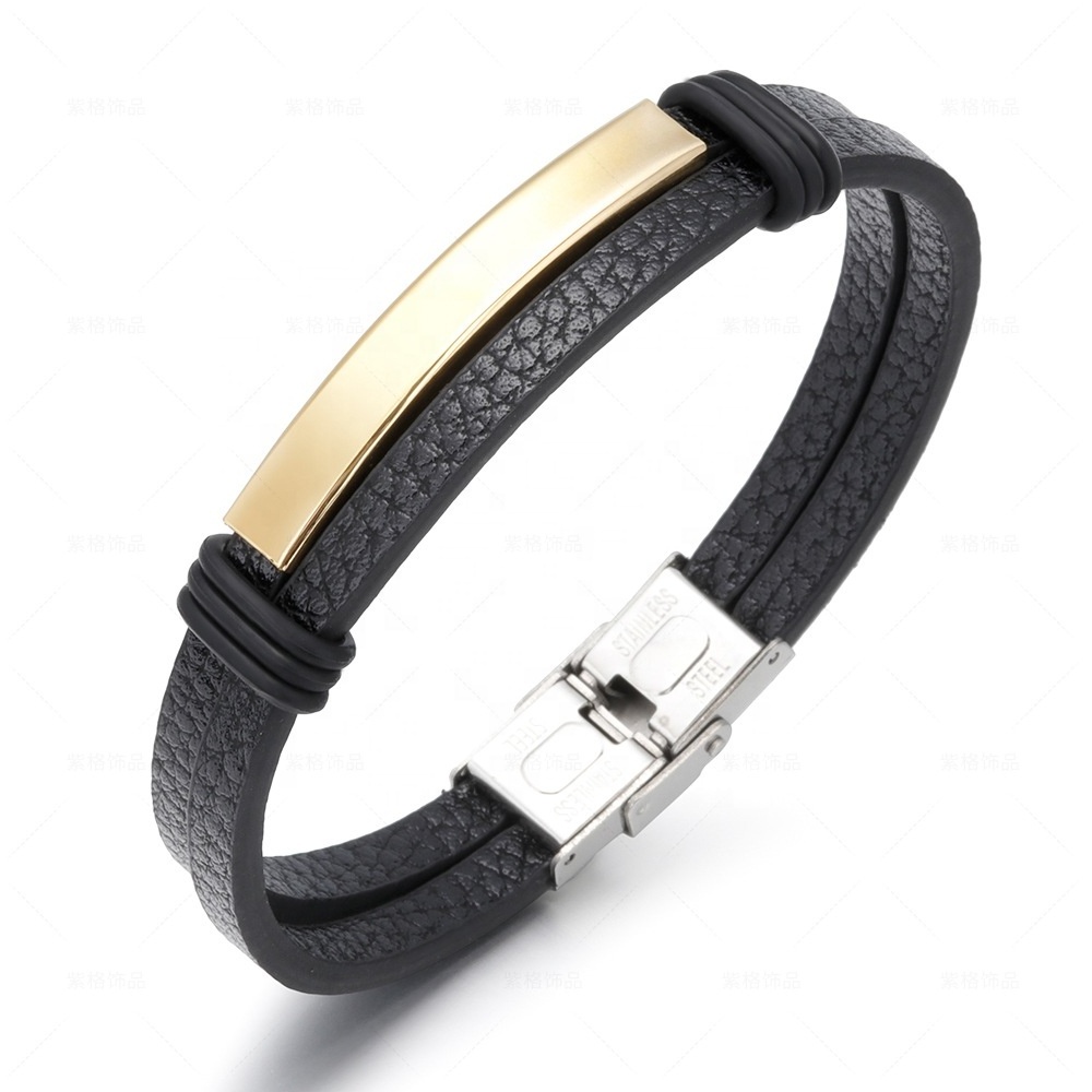 SEPT Personalized Custom Logo Gold Plated Bracelet For Men Cheap Stainless Steel Leather Bracelets Jewelry