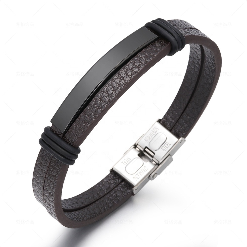 SEPT Personalized Custom Logo Gold Plated Bracelet For Men Cheap Stainless Steel Leather Bracelets Jewelry