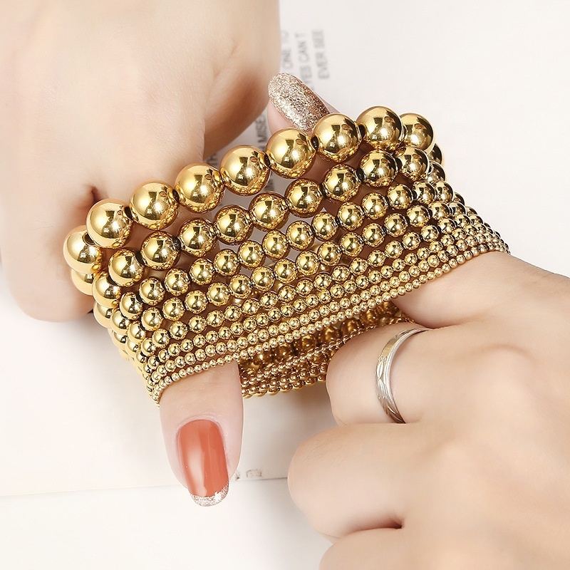 Hot Selling Gold Plated Stainless Steel Round Beads Bracelets Multi Size Beaded Stackable Bracelet For Women