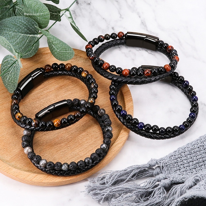 SEPT Handmade Double Layer Leather Bracelets For Men With Natural Stone Tiger Eye Beads Braided Bracelet