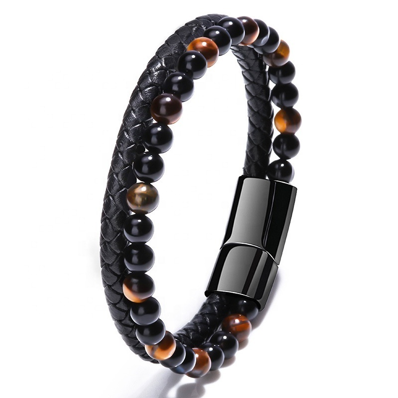 SEPT Handmade Double Layer Leather Bracelets For Men With Natural Stone Tiger Eye Beads Braided Bracelet