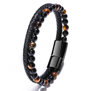 SEPT Handmade Double Layer Leather Bracelets For Men With Natural Stone Tiger Eye Beads Braided Bracelet